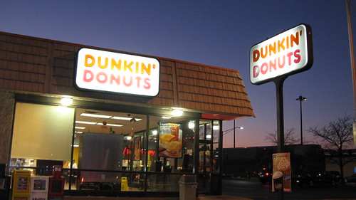 Dunkin Donuts on North Harlem Avenue at twilight.  Forest Park Illinois.  October 2012. by Eddie from Chicago