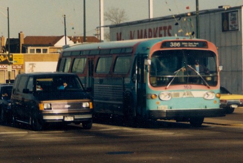Suburban Transit GM fishbowl windshield bus at South Archer and Harlem Avenues.  Chicago Illinois.  April 1988. by Eddie from Chicago