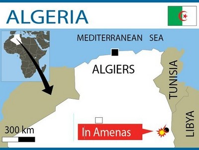 Map of the location of the In Amenas gas fields in the North African state of Algeria. A standoff with a group of armed men occupying the field and holding personnel has been attacked by the Algerian military. by Pan-African News Wire File Photos