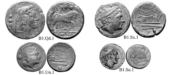 B Roman Republican Anonymous struck bronzes, McCabe group B, Related to RRC 42, RRC 72 corn-ear. Elevated long sloping fighting platform with club.