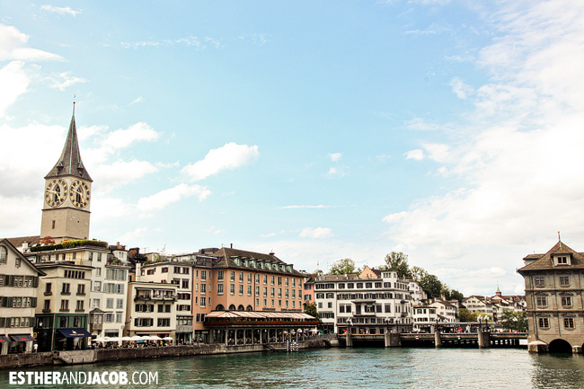 Old Town Zurich and St. Peter Church / St. Peterskirche over River Limmat in Zurich Switzerland | Travel Photography