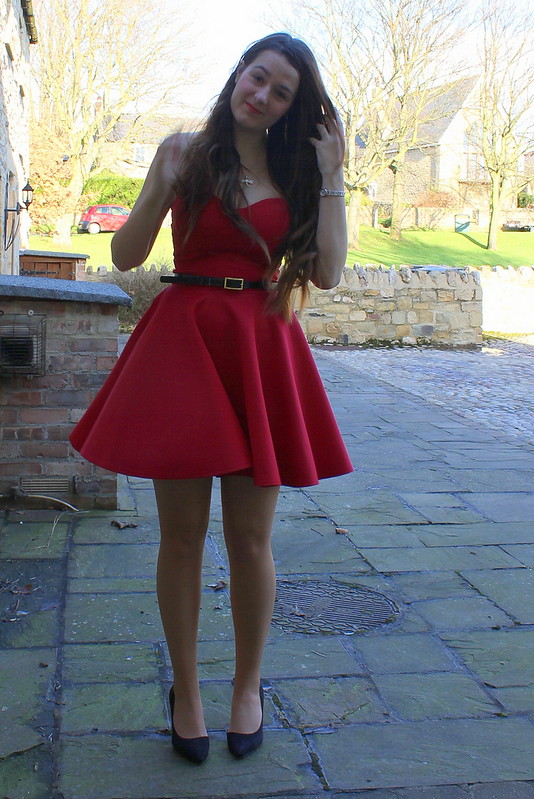 Chiara Fashion - red strapless dress, ASOS heels