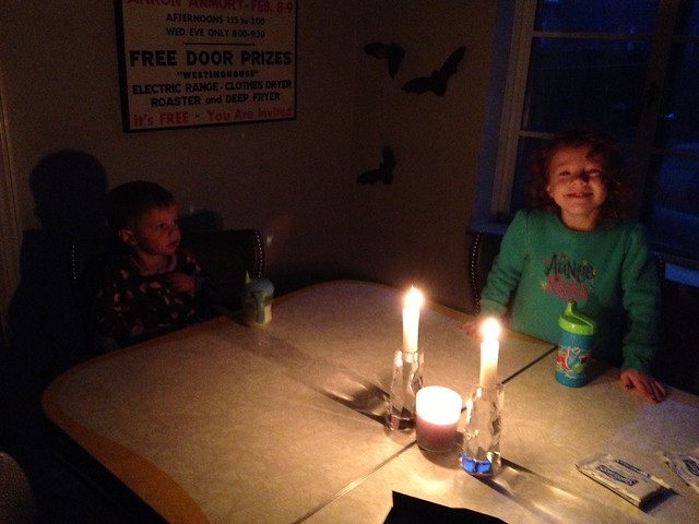 Breakfast by candlelight. Hopefully our power comes on again soon!