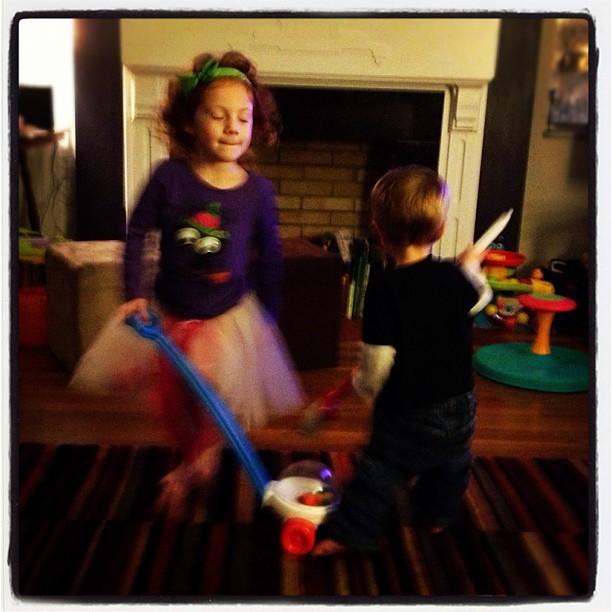 I was bummed that trick or treat wasn't tonight and then this happened and made everything better:  my children dancing w brooms stomp style to Call Me Maybe.
