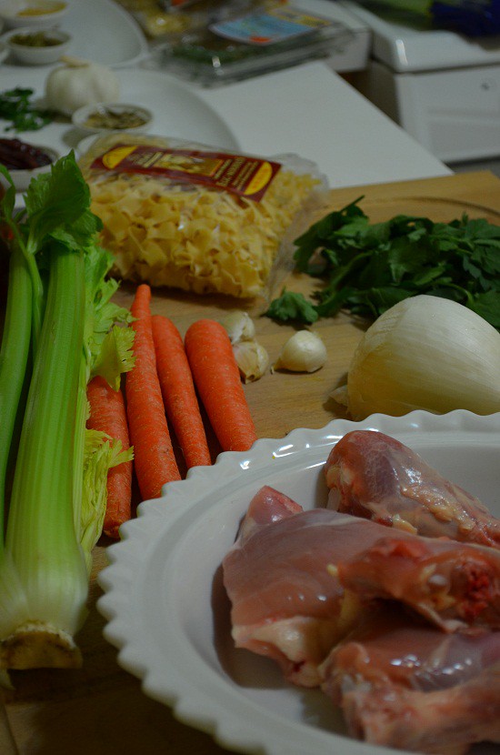 vertical ingredients for chicken noodle soup with hungarian noodles