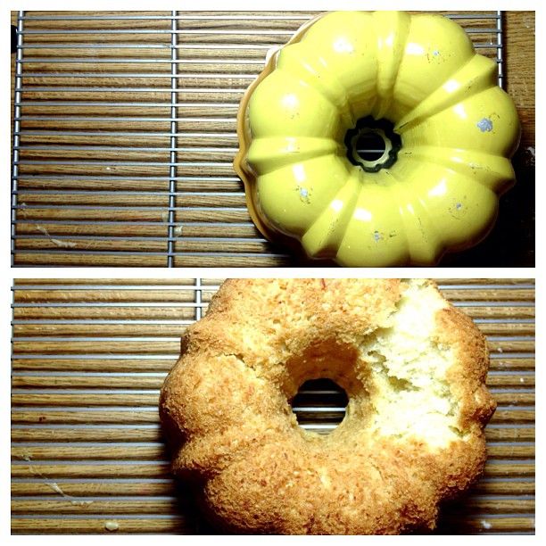 Boo. Bundt FAIL. Some on the cake was left behind in the Bundt pan. Not stuck though. :/