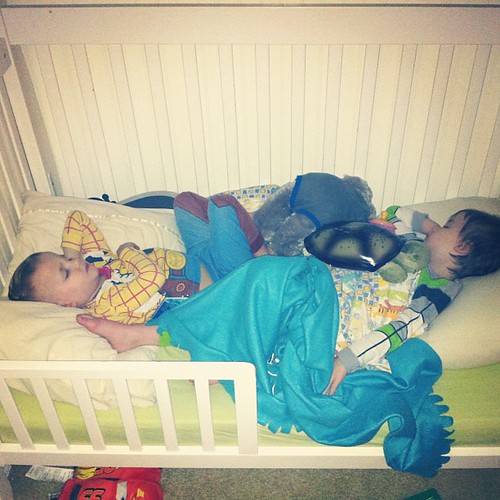 Asleep like the grandparents in Willy Wonka. Also in bed: teapot, turtle, pirate sword.