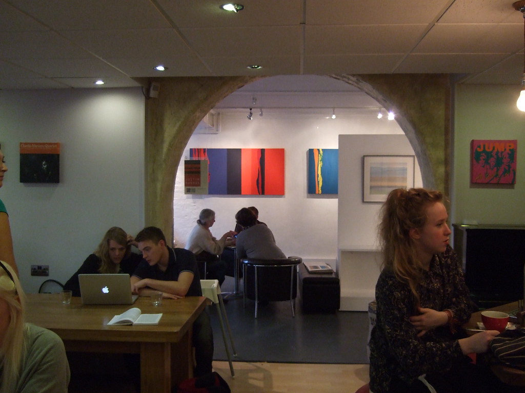 Justin Hawkes, view of exhibition at Williams Art Gallery, Cambridge 2012, seen from Hot Numbers Café.