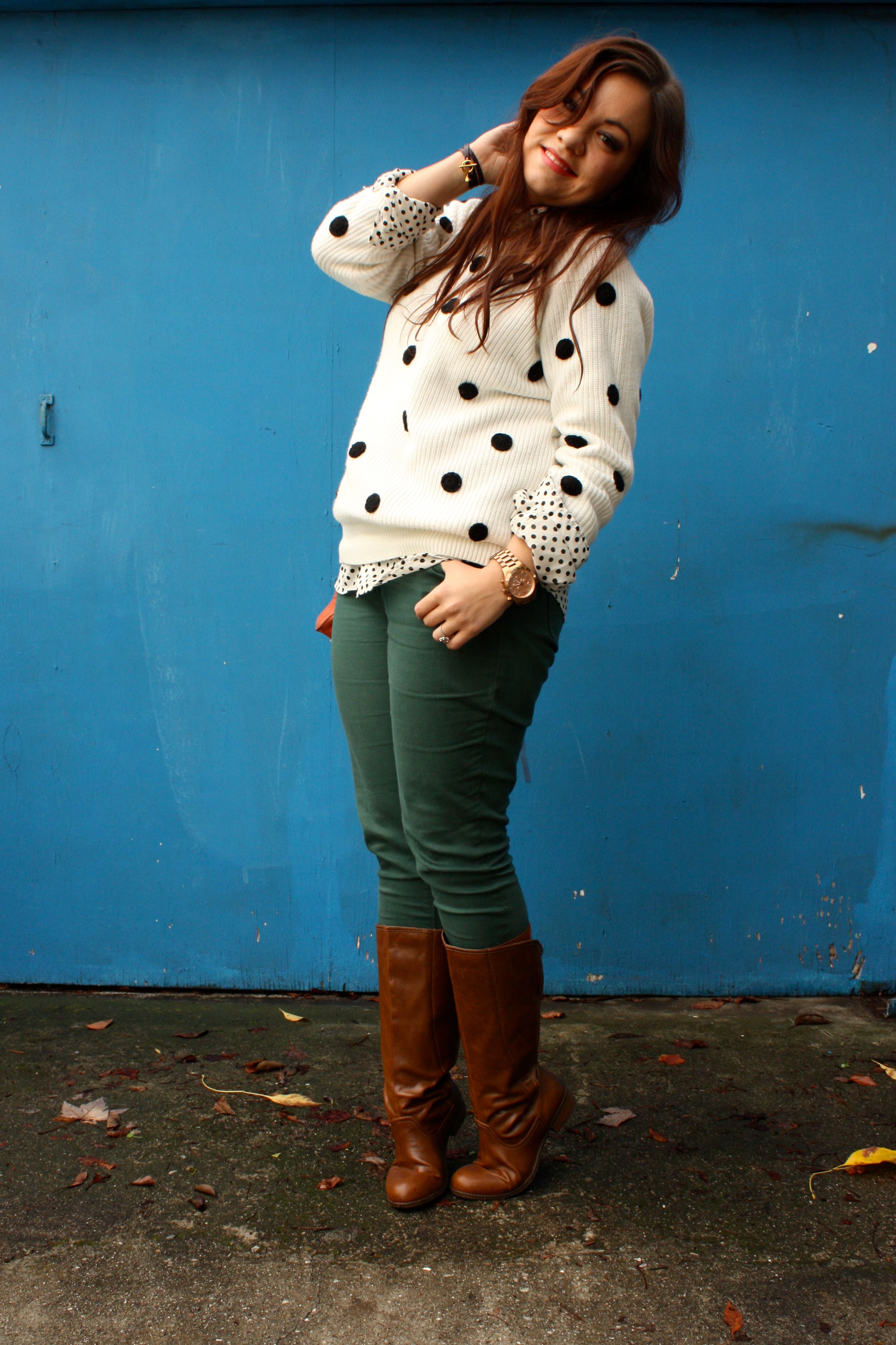polka dot sweater and blouse - forest green jeans - congac boots - orange rebecca minkoff mac05