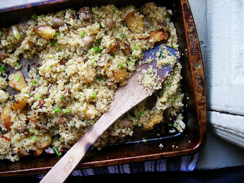 quinoa with green onion and roasted parsnips and mushrooms