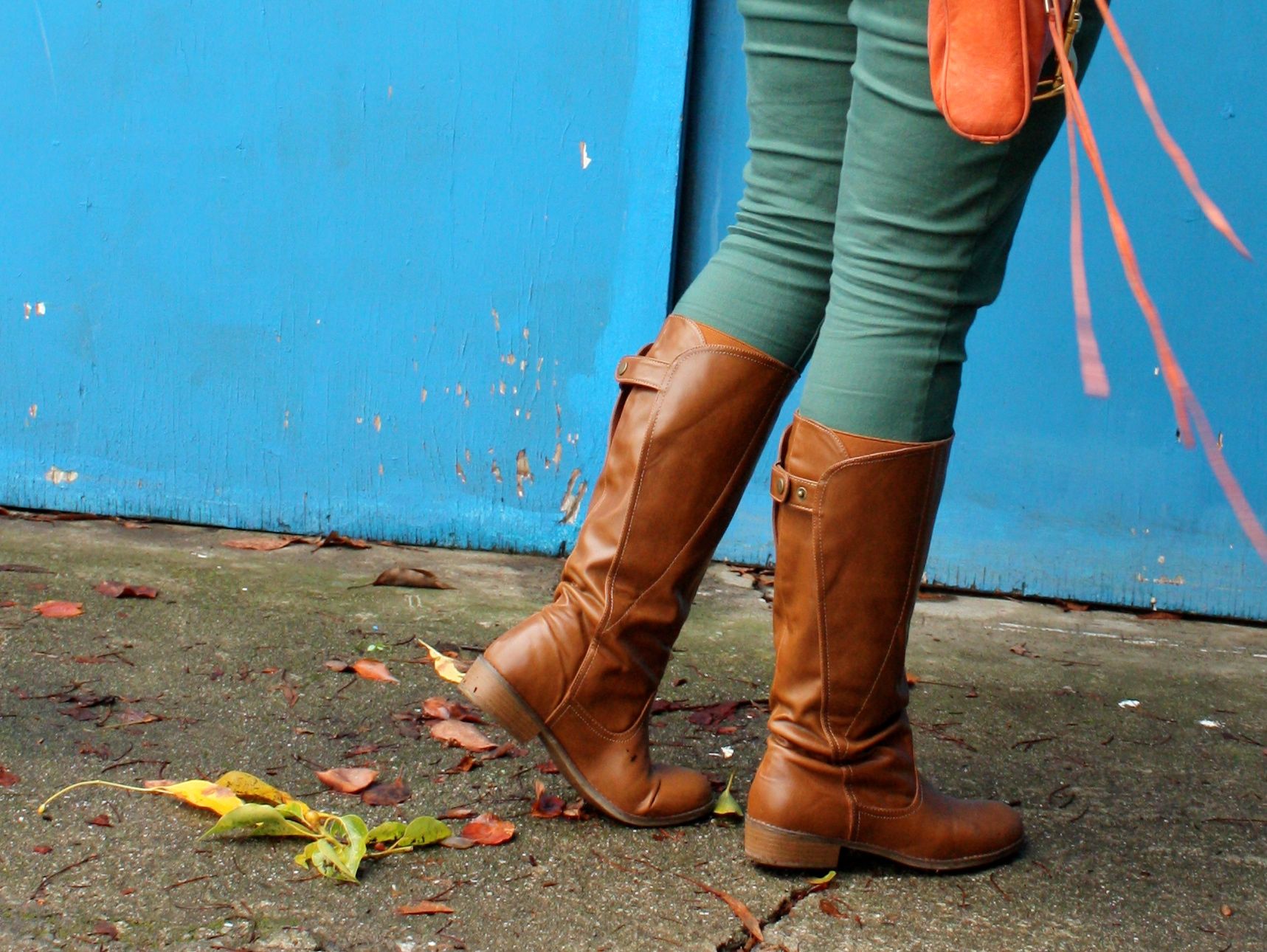 polka dot sweater and blouse - forest green jeans - congac boots - orange rebecca minkoff mac03