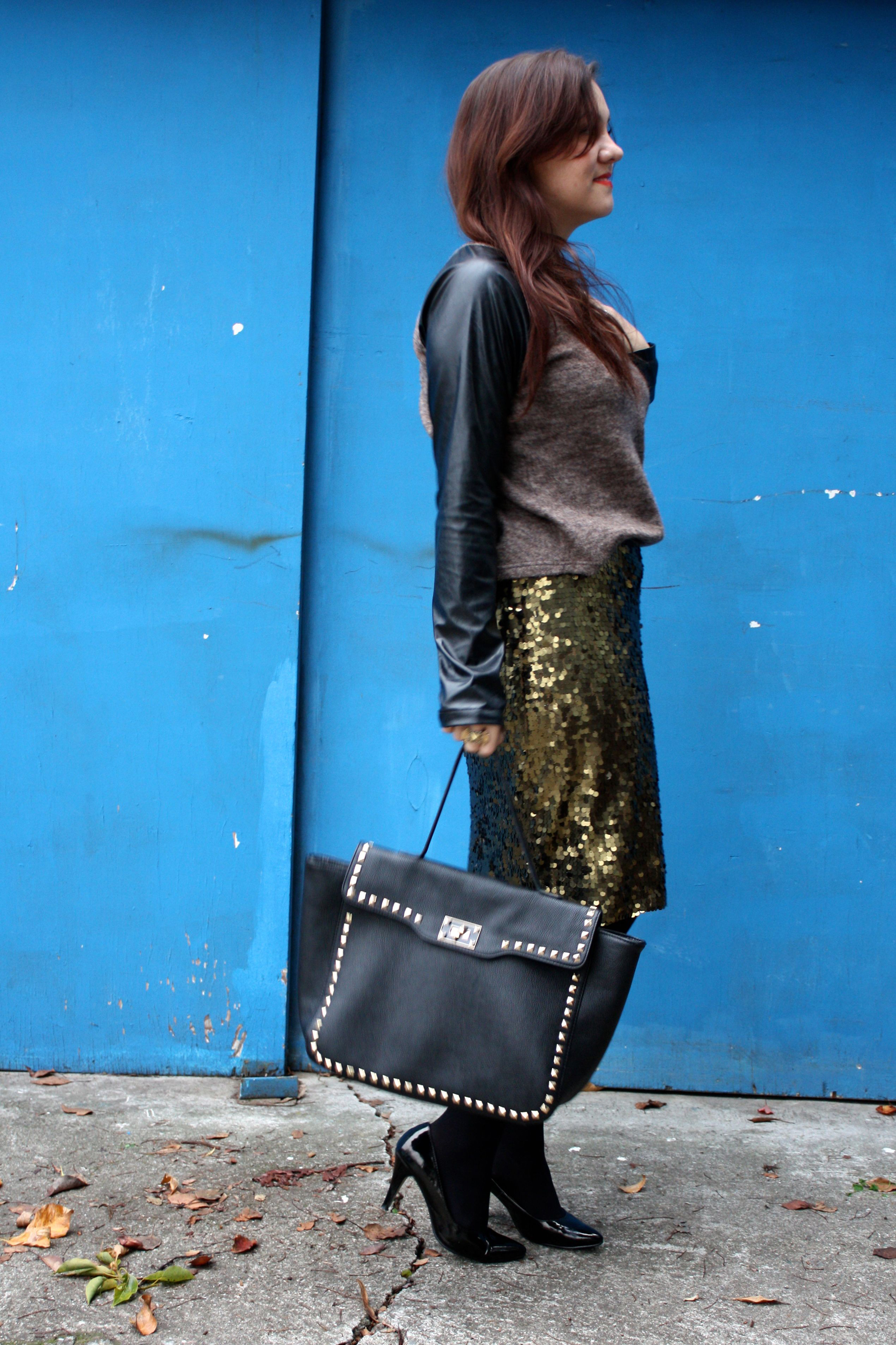 sequin pencil skirt - leather sleeve raglan sweater - studded trim tote - tights - ankle boots05