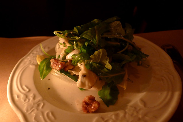 mixed lettuces with goat cheese, hazelnuts, and roasted shallot vinaigrette
