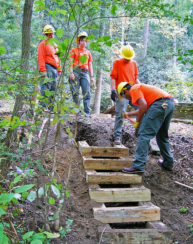 A North Carolina Forest Service Job Corps student group improves a historic site on Sept. 29, 2012. US Forest Service photo/Holly Krake.