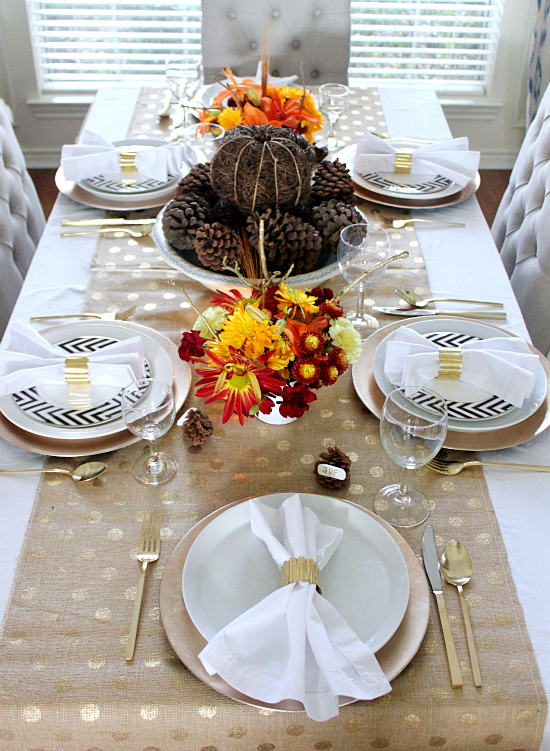 gold polka dot burlap gold flatware modern thanksgiving