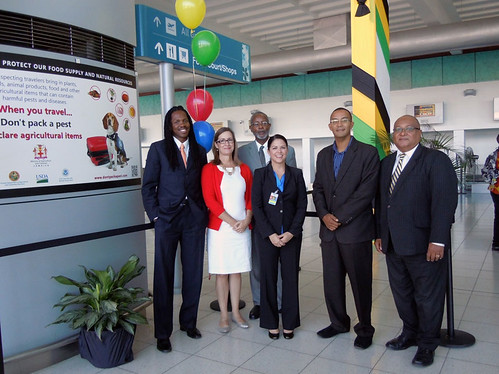 Launch of “Traveler’s Don’t Pack a Pest” outreach campaign at Norman Manley International Airport, Kingston, Jamaica.  From left: Damion Crawford, Minister of State, Jamaica Ministry of Tourism; Shannon Shepp, Deputy Commissioner, Florida Department of Agriculture and Consumer Services; Dr. Raymond Brown, Deputy Chief of Mission, Embassy of United States, Kingston, Jamaica; Jennifer Lemly, Director, Greater Caribbean Safeguarding Initiative, USDA/APHIS; Dr. Marc Panton, Chief Technical Director, Jamaica Ministry of Agriculture and Fisheries; and Major Richard Reese, Commissioner of Customs, Jamaica Customs.