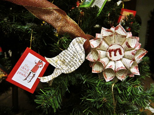 Crafts on our tree: Fave books, bird crafts made out of old pages, flowers with family names' initials