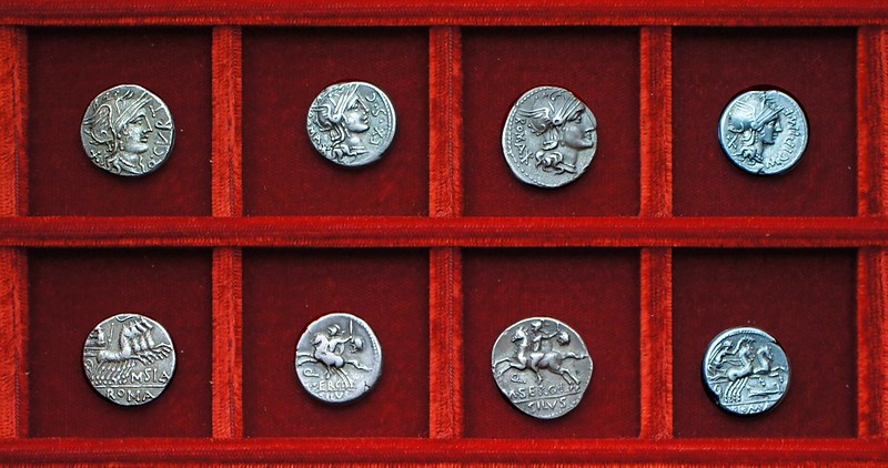 RRC 285 Q.CVRT M.SILA Curtia, RRC 286 M.SERGI SILVS Q Sergia denarii, RRC 289 M.CIPI M.F. Cipia, Ahala collection, coins of the Roman Republic