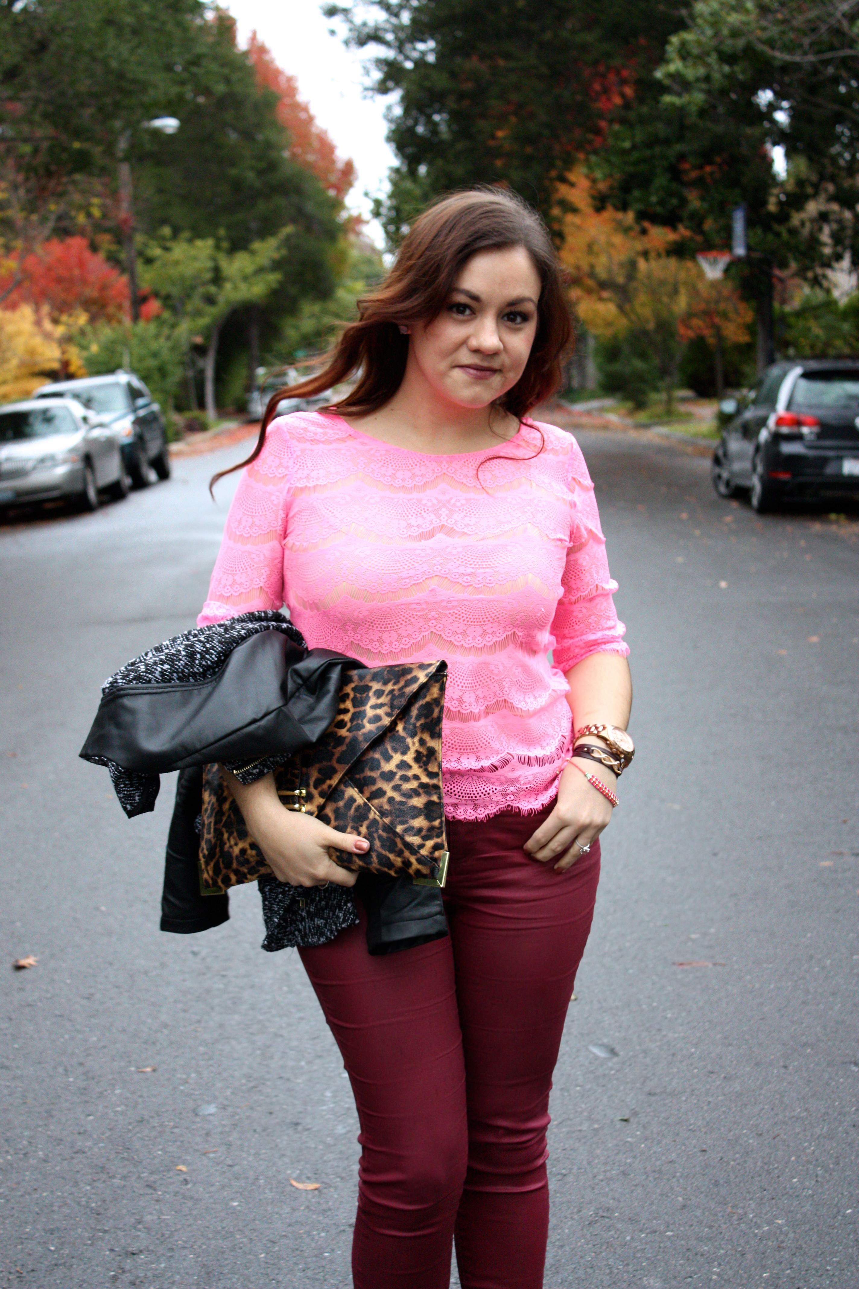 neon lace top - burgundy waxed jeans - tweed and leather peplum jacket - leopard envelope clutch13