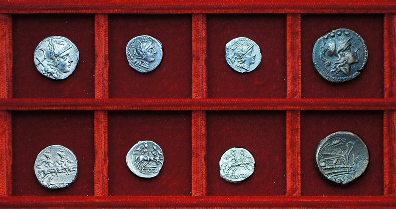 RRC 068 corn-ear silver, RRC 69 corn-ear and KA triens, Ahala collection, coins of the Roman Republic