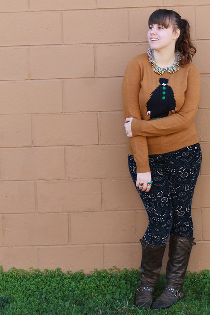 Printed Corduroys by Pilcro and the Letterpress, brown leather boots, "The Parisian" intarsia sweater from J.Crew, "Sparked Agate Collar" necklace from Anthropologiecollar necklace