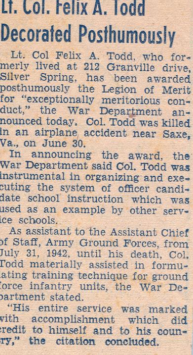 Lt. Col. Felix Alex Todd, Jr.  newspaper clipping