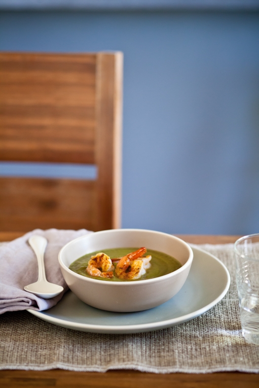 Swiss Chard, Kale, Avocado & Grilled Shrimp Soup