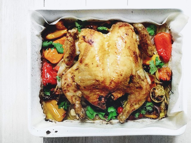 Spicy Flat Roasted Chicken with Sweet Peppers