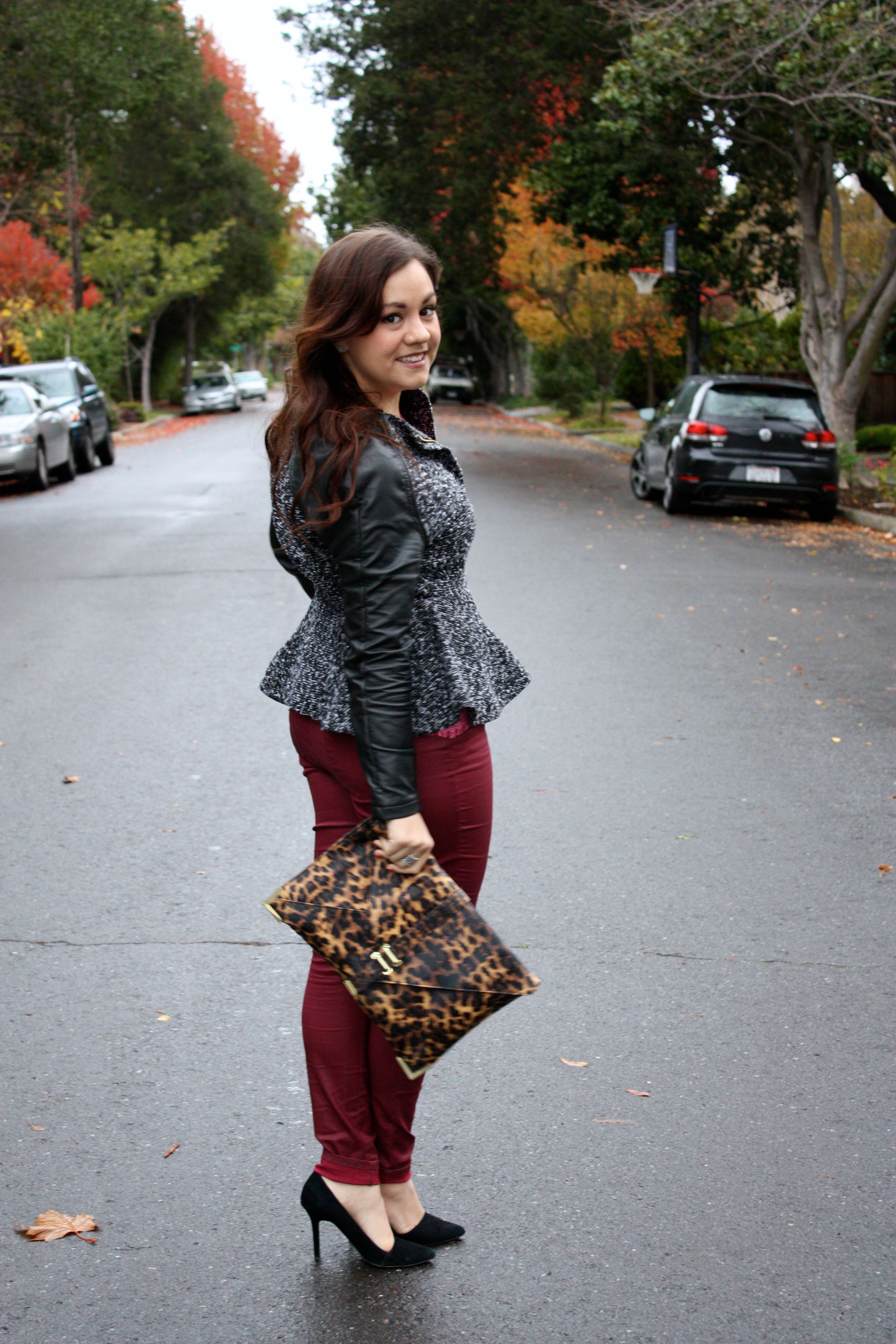 neon lace top - burgundy waxed jeans - tweed and leather peplum jacket - leopard envelope clutch05