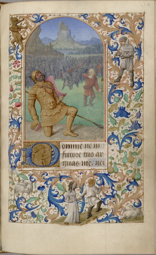 painted manuscript scene of Goliath from Old Testament