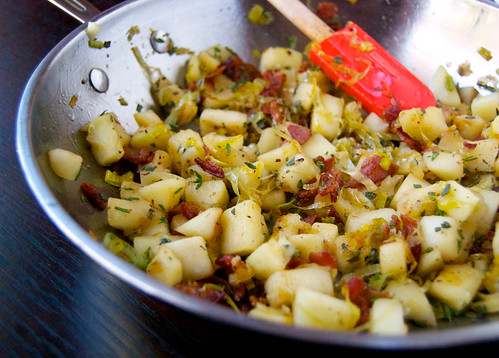apples, bacon, and leeks