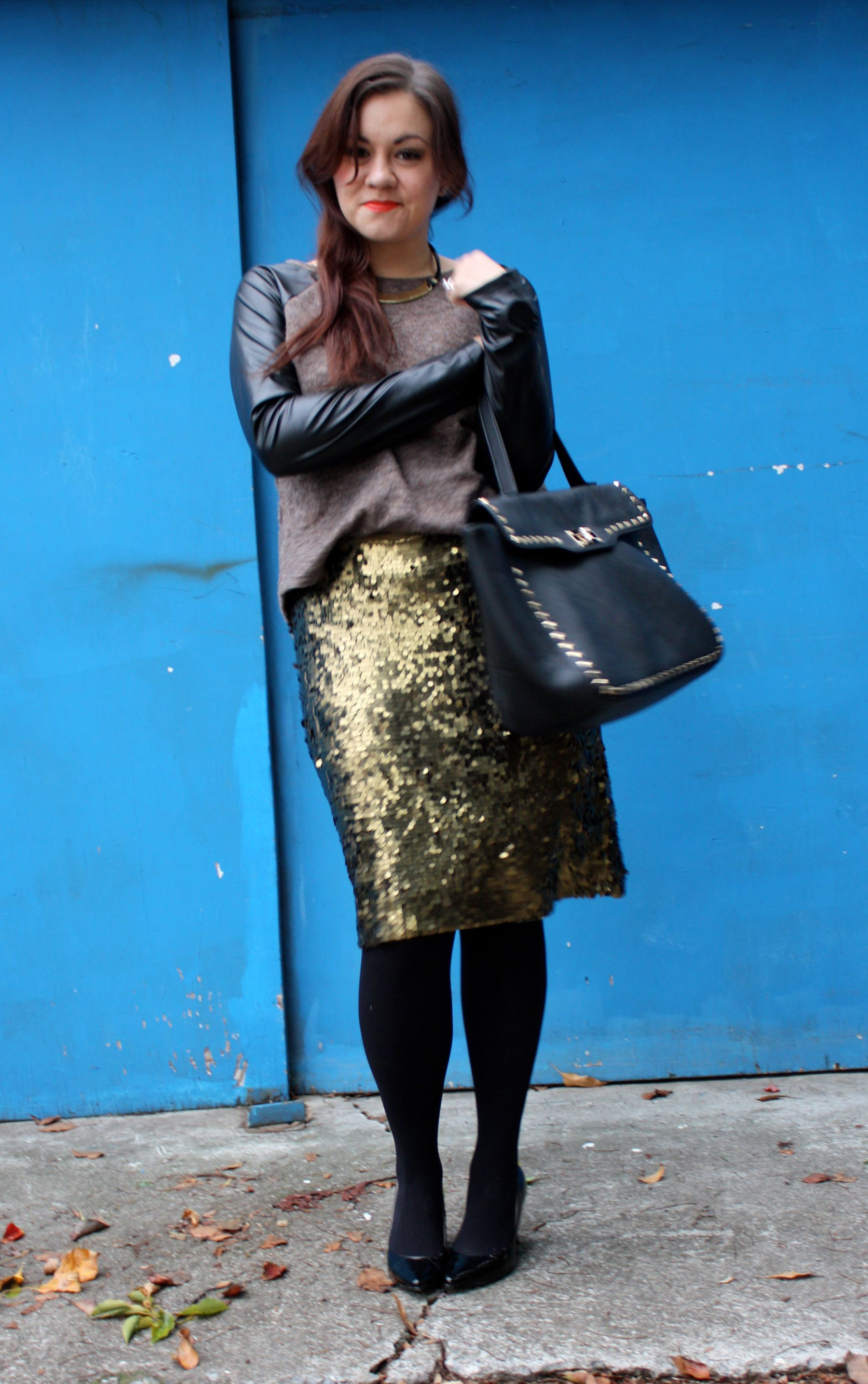 sequin pencil skirt - leather sleeve raglan sweater - studded trim tote - tights - ankle boots07