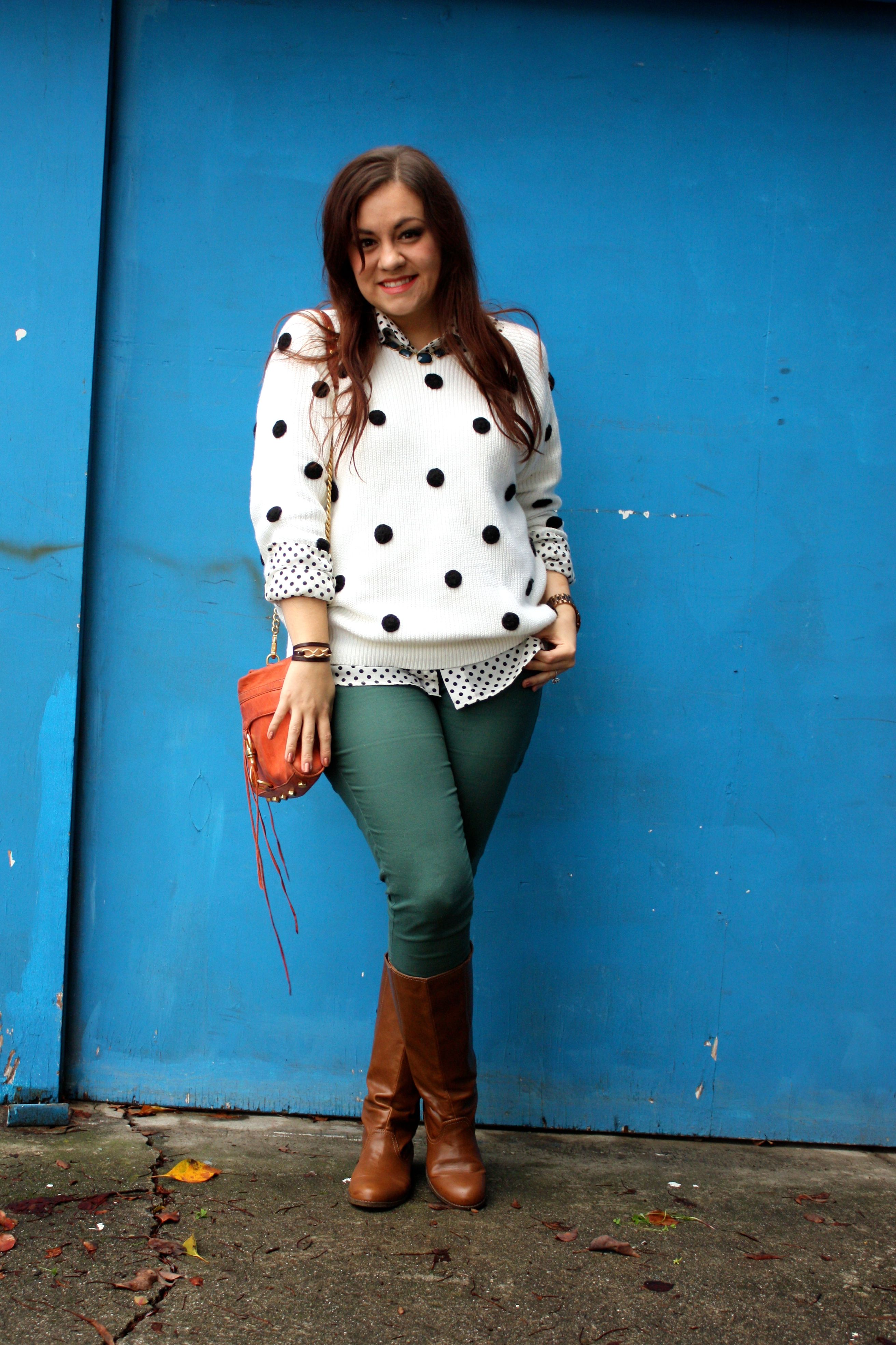 polka dot sweater and blouse - forest green jeans - congac boots - orange rebecca minkoff mac01