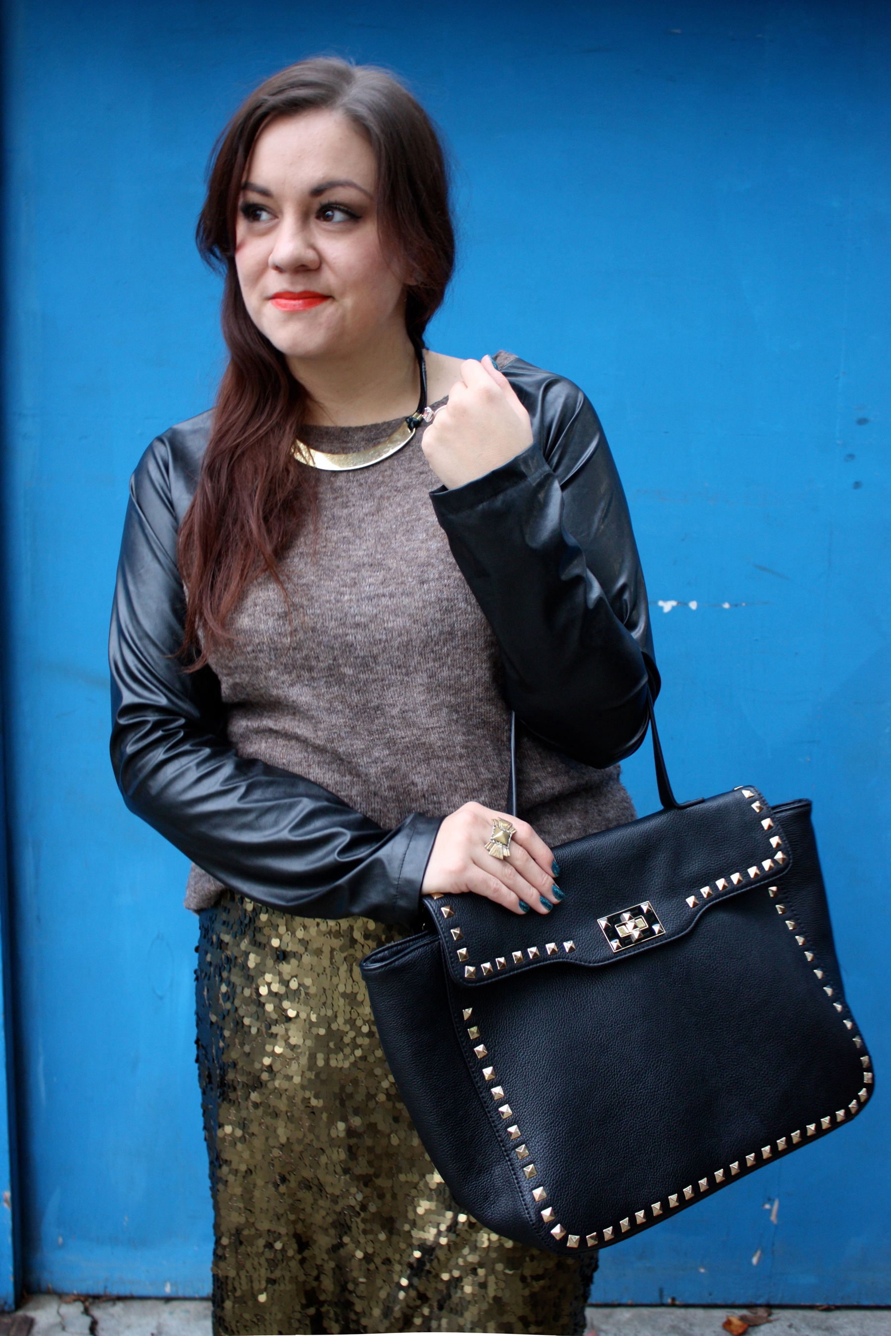 sequin pencil skirt - leather sleeve raglan sweater - studded trim tote - tights - ankle boots10