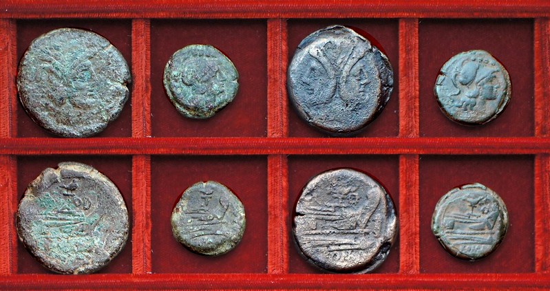 RRC 141A wren bird and TOD bronzes, RRC 141B eagle and wreath bronzes, Ahala collection, coins of the Roman Republic