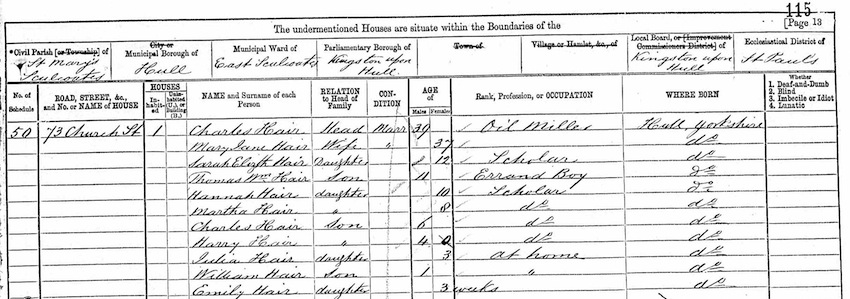 Thomas WIlliam Hair 1871 census