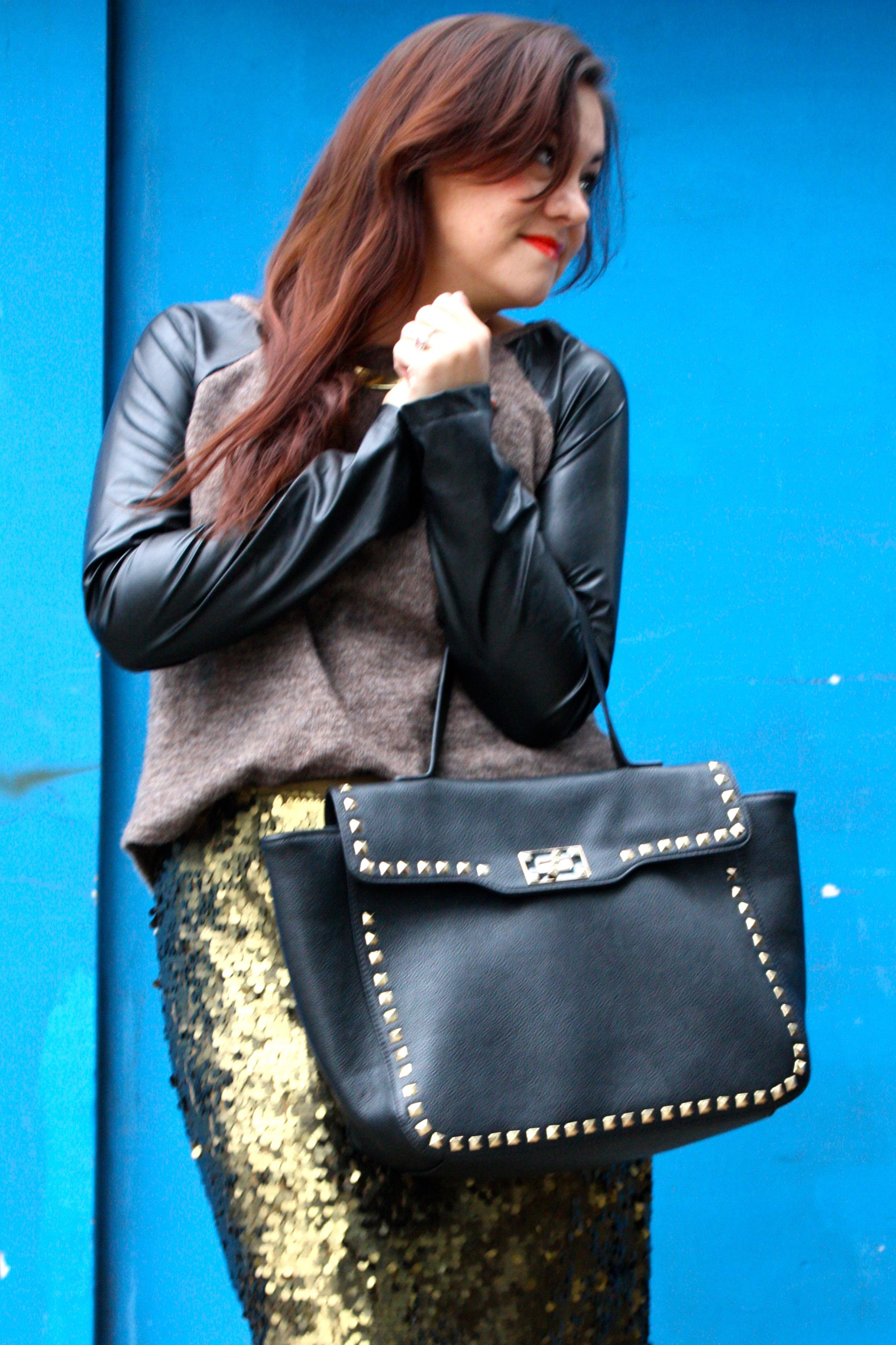 sequin pencil skirt - leather sleeve raglan sweater - studded trim tote - tights - ankle boots08