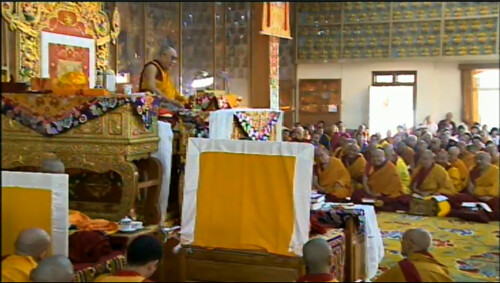 His Holiness the Great 13th Dalai Lama giving instructions to the Buddhist sangha, on his throne, 18 Great Stages of the Path Commentaries, webcast, Dharamasala, India by Wonderlane