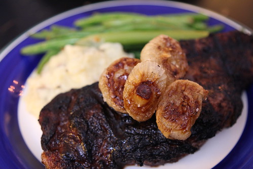 Grilled New York Strip Steak with Carmelized Cippolini Onions, Garlic Green Beans, and Truffled Mashed Potatoes