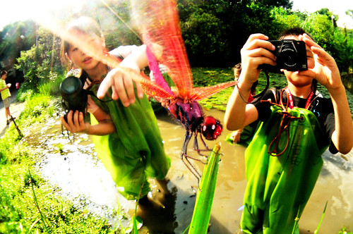 學生穿青蛙裝在池中攝影 攝影：謝基煌
