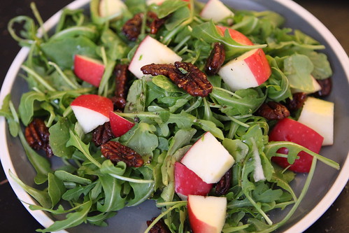 Apple and Spiced Pecan Salad with Pink Lady Apples, Arugula, and Honey Vinaigrette