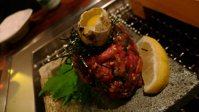 Yooke = thinly-sliced chuck eye tartare in special sauce