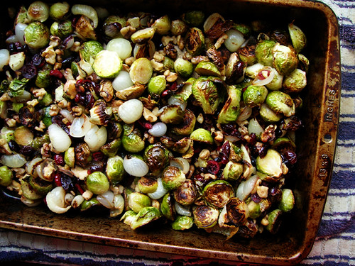 roasted brussels sprouts with pearl onions, cranberries, and walnuts