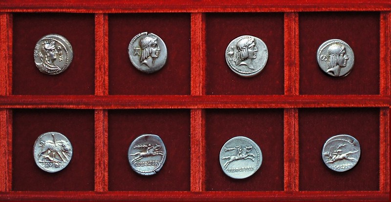 RRC 407, 64BC C.HOSIDI Hosidia, RRC 408, 61BC C.PISO FRVGI Calpurnia denarii, Ahala collection, coins of the Roman Republic