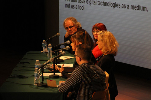 Christiane Paul makes a point on the panel