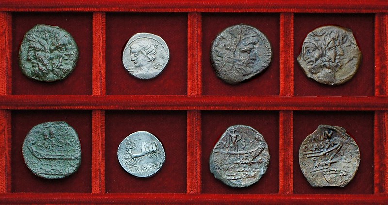 RRC 353 MN.FONT Fonteia As, RRC 354 C.LICINIVS MACER Licinia denarius, As, RRC 355 C.CASSIVS SALINVS Cassia As, Ahala collection, coins of the Roman Republic