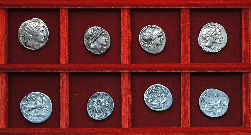 RRC 303 MN.AQVIL Aquillia, RRC 304 L.MEMMI Memmia, RRC 305 Q.LVTATI Q. Lutatia, RRC 307 MN.FONTEI Fonteia, Ahala collection, coins of the Roman Republic