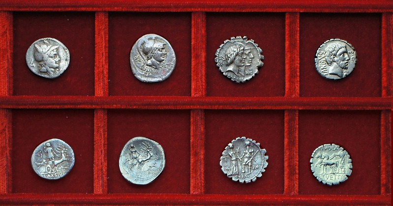 RRC 400, 70BC L.AXIVS NASO Axia, RRC 403, 68BC KALENI CORDI Fufia, RRC 404, 66BC, T.VETTIVS SABINVS Vettia, Ahala collection, coins of the Roman Republic