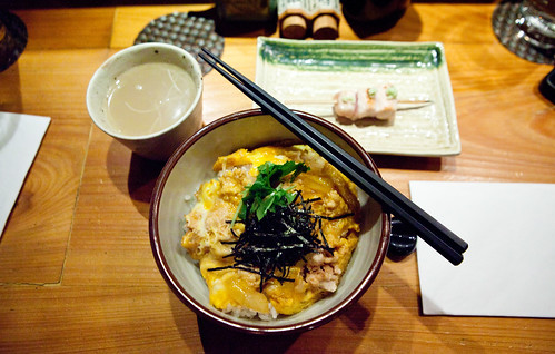 Oyako don (Ground chicken and egg over rice) topped with seaweed