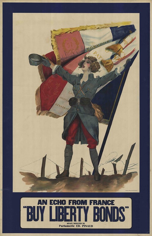 lithograph of (iconic) joyous, victorious french soldier woman, holding hat aloft besides billowing tricolour